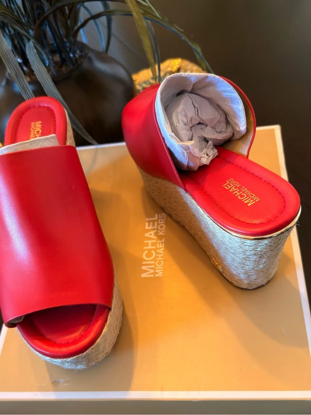 Michael Kors Red Leather Espadrille Wedge Sandals